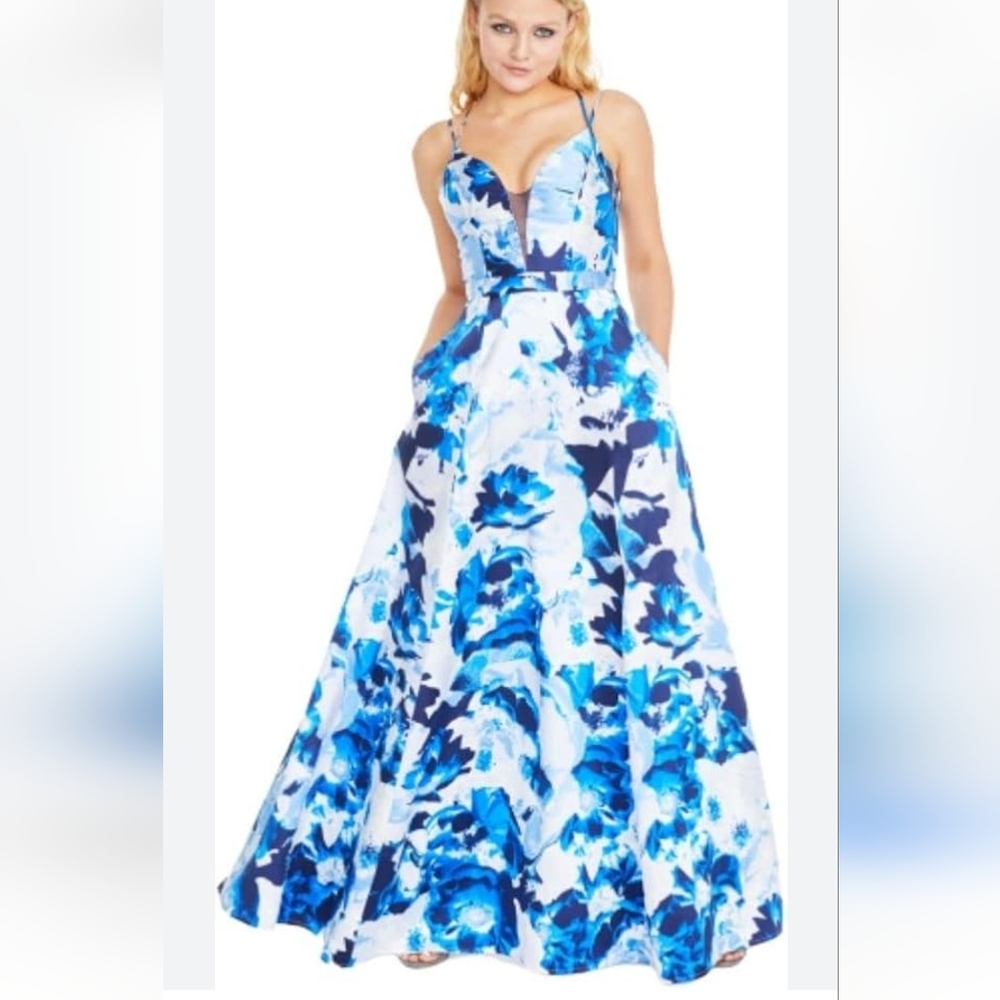Nwt Sequin Hearts Womans juniors Blue Floral Flare Formal Gown Dress pro…